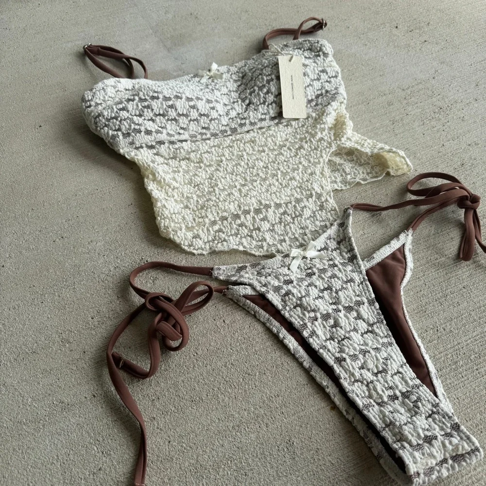 Sea Molly Floral Lace Tankini Set Women's Size XS Brown Cream Bikini